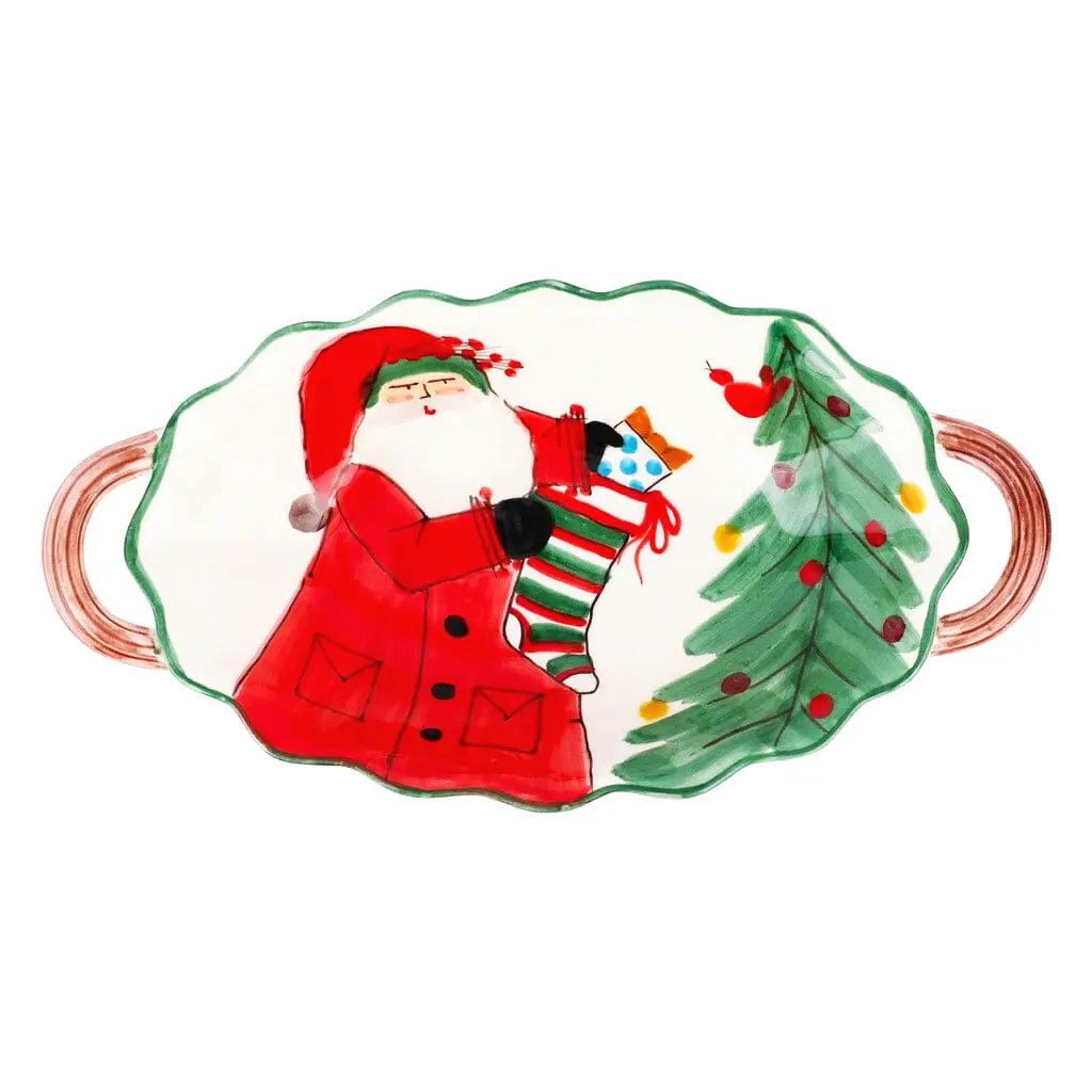 Vietri Old St. Nick Scalloped Oval Bowl with handles festive serving bowl for holiday dining table