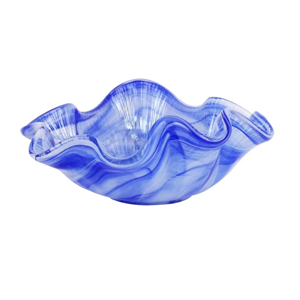 Vietri Onda Glass Cobalt Ruffled Round Bowl dramatic blue ruffled glass bowl for dining table decor