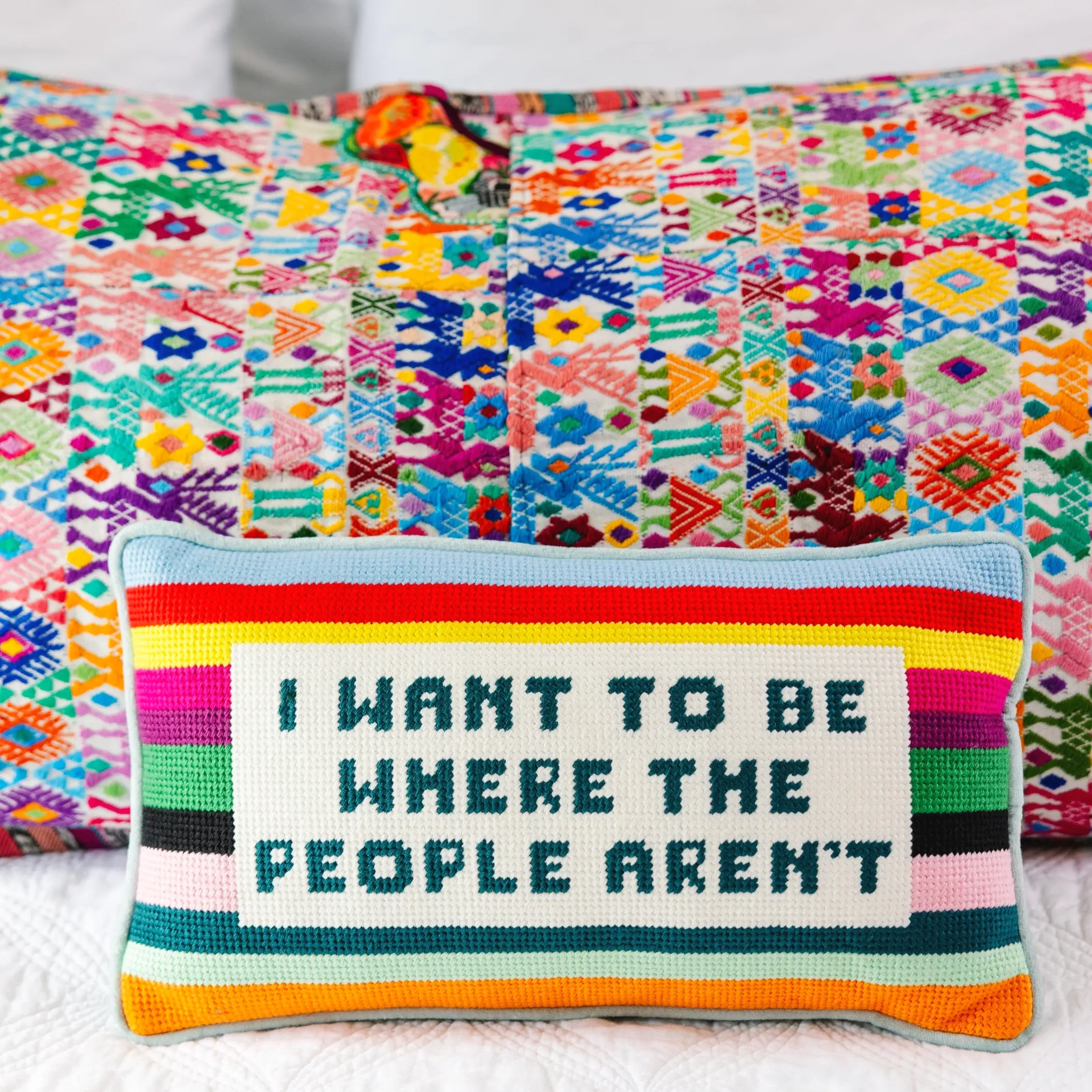 Where the People Aren't introvert needlepoint lumbar pillow for living room bedroom couch home decor