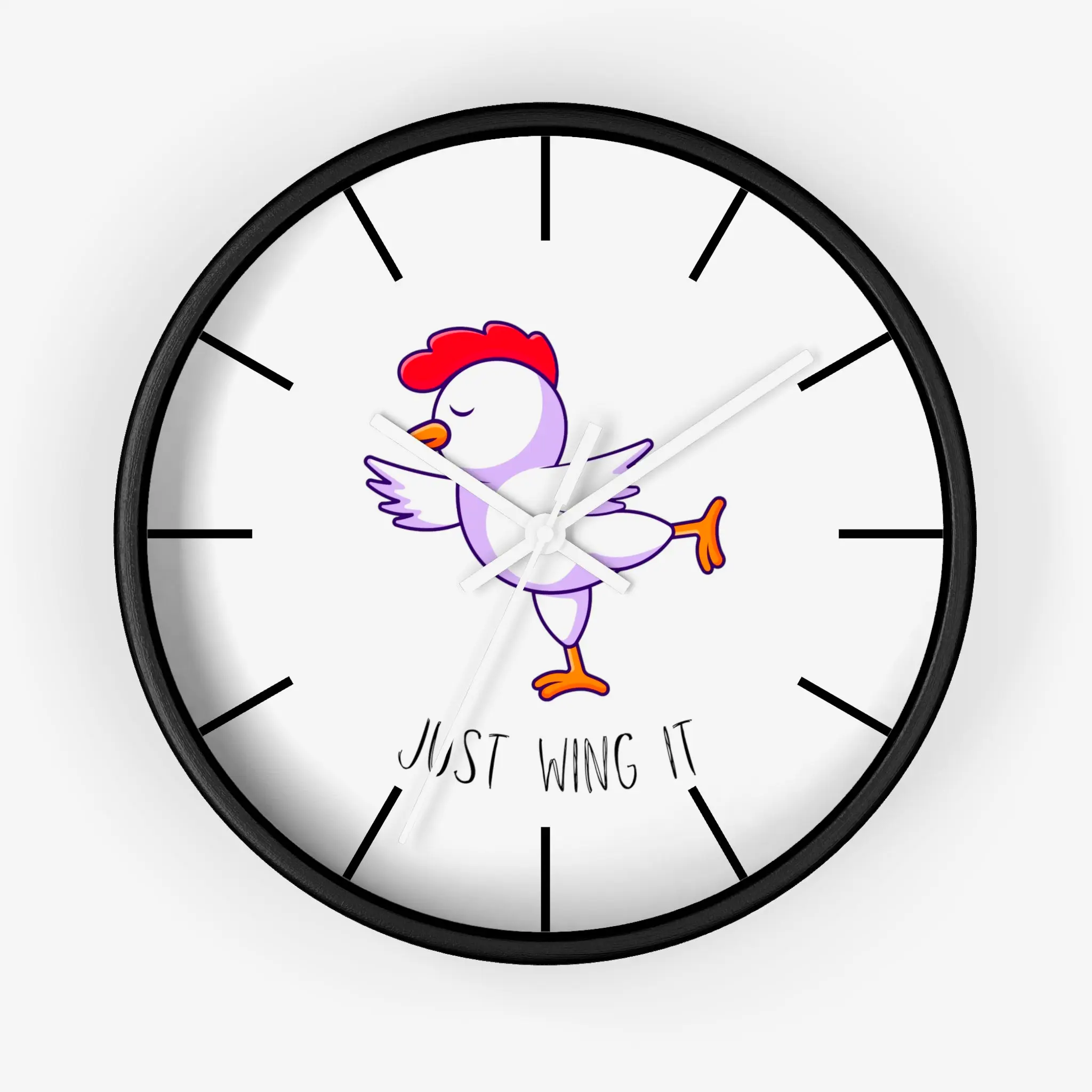 Wing It 10 inch black & white wall clock minimalist timepiece with wooden hands for living room or bedroom decor