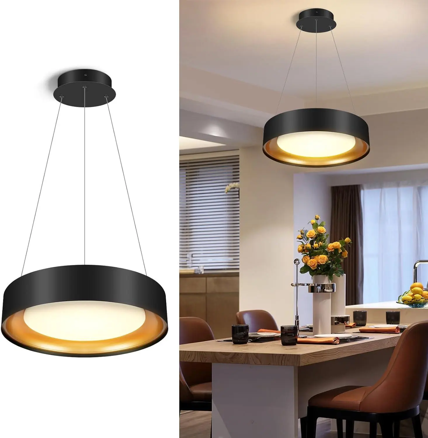 Black and gold round drum chandelier with dimmable lights, perfect for living room, dining room, or entryway
