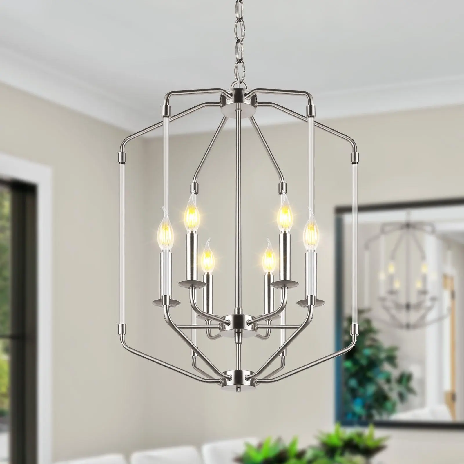 Farmhouse brushed nickel 6-light chandelier for dining room, living room, or entryway ceiling decor