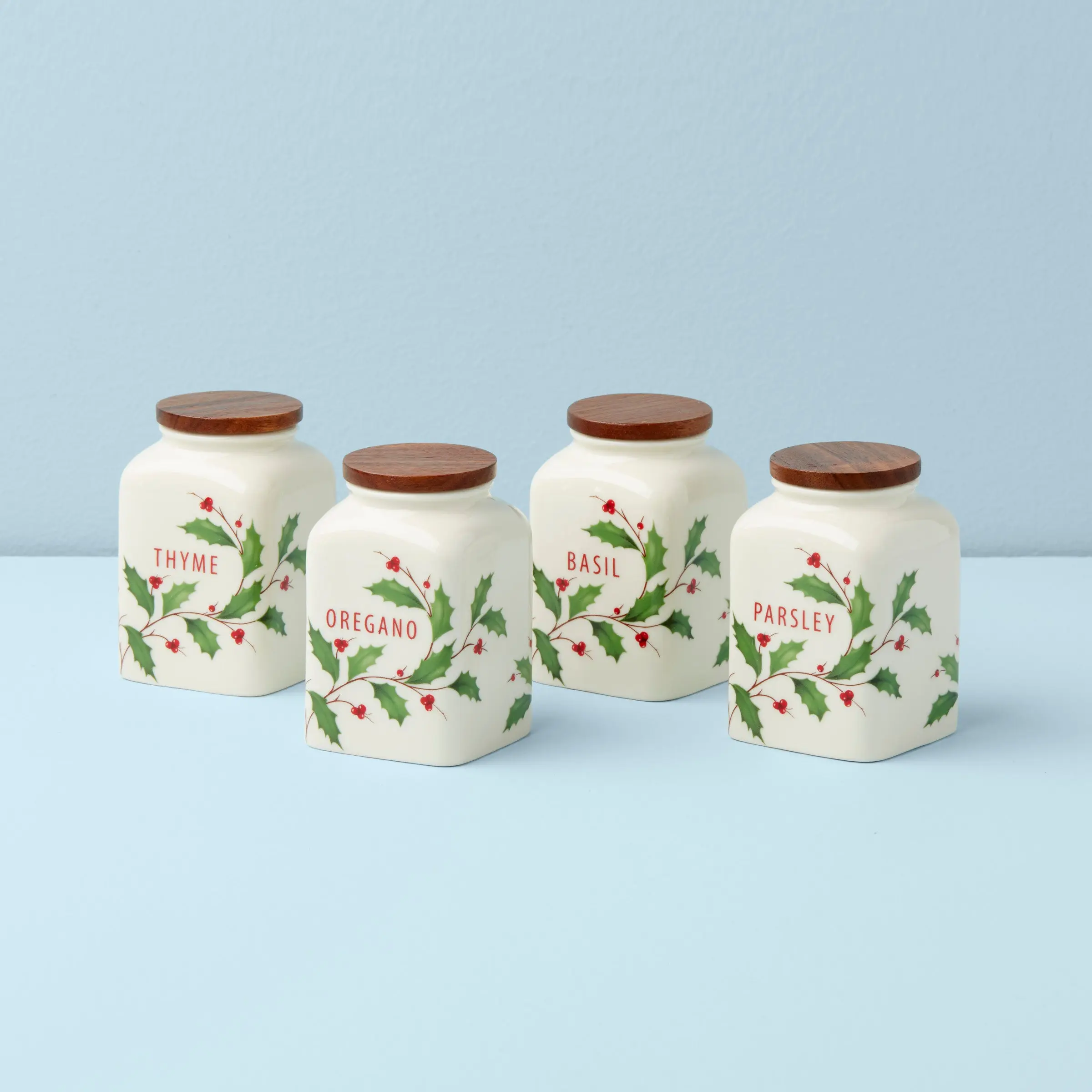 Lenox Holiday 4-piece cooking spice jar set for Christmas kitchen storage and festive countertop