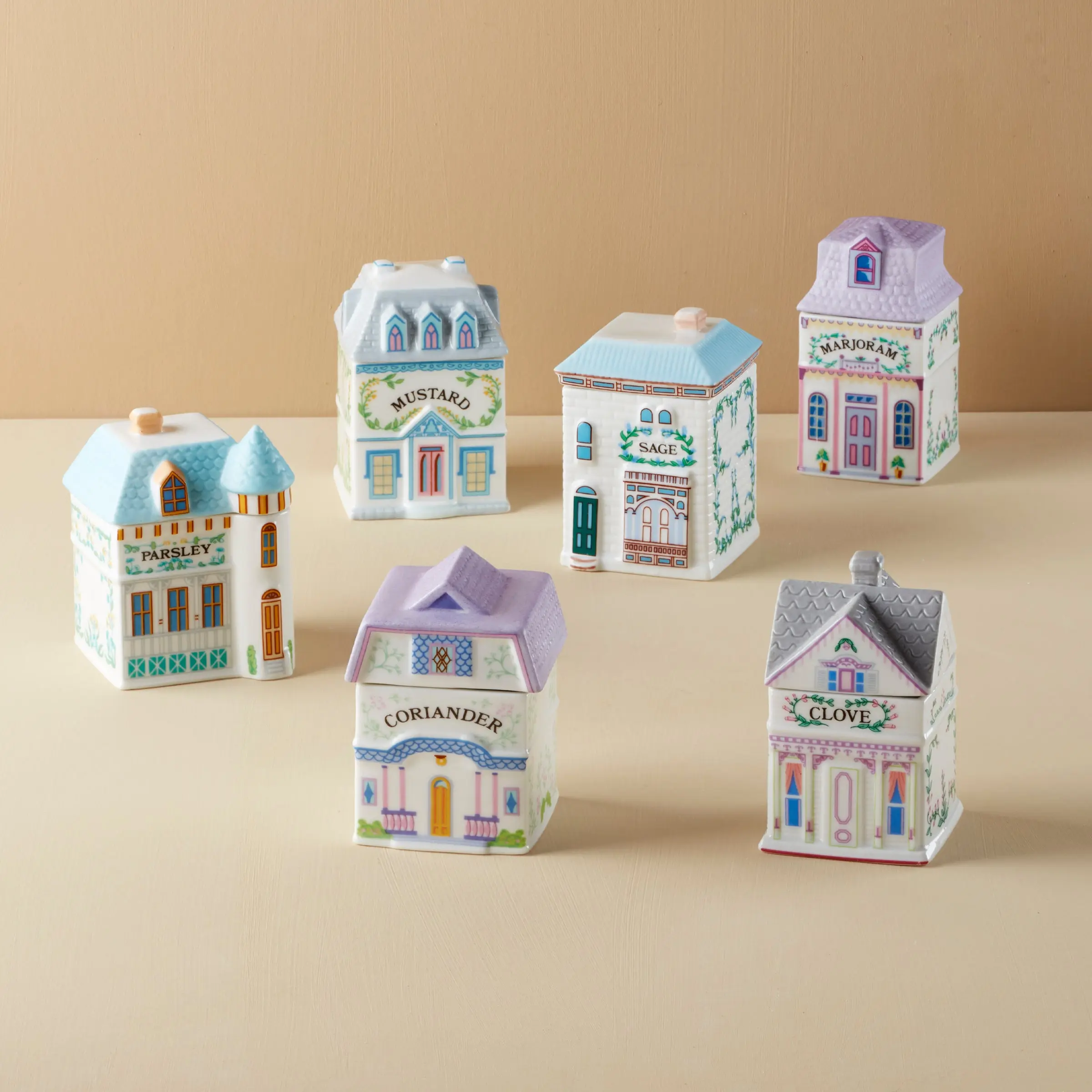 Lenox Spice Village 6-piece spice jar set Rustic style for decorative kitchen countertop storage