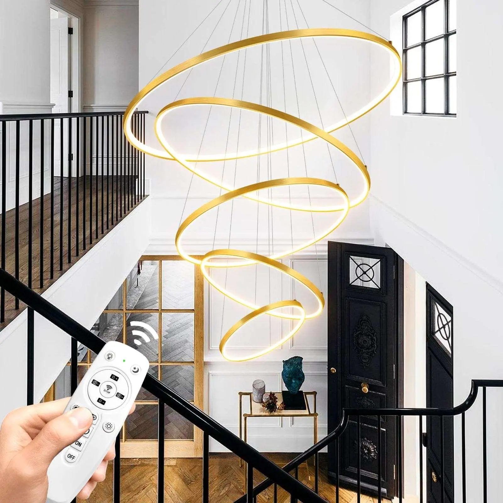 Modern gold LED 5-ring dimmable chandelier by OKELI, perfect for foyer, dining room, or high ceiling spaces
